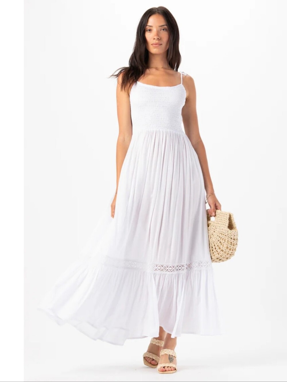 New!Tiare Hawaii avalon open back dress White Smocked Bodice Maxi Dress Coastal